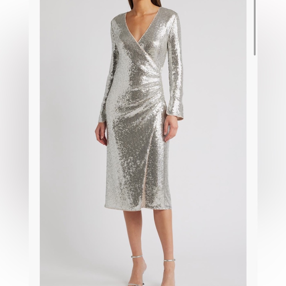 Chelsea28 faux wrap long sleeve silver midi cocktail dress Nordstrom medium